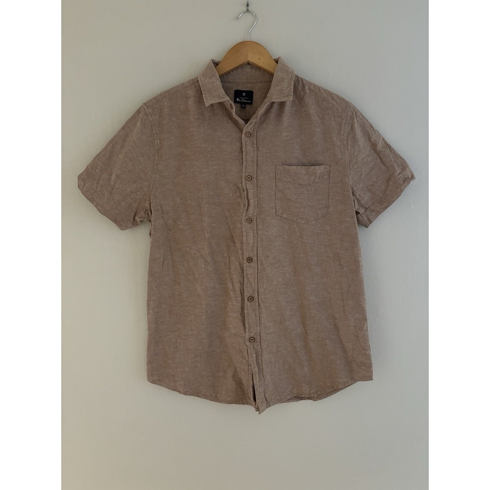 Ben Sherman Short Sleeve Shirt Men's L Brown Linen Blend CottageCore‎ Preppy